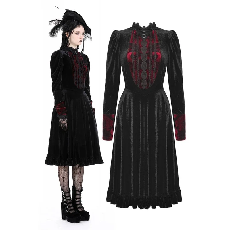 Damen-Gothic-Kleid aus Samt mit Puffärmeln und Stehkragen