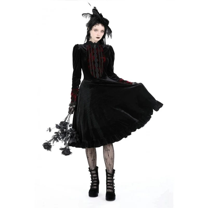 Damen-Gothic-Kleid aus Samt mit Puffärmeln und Stehkragen