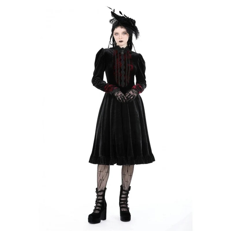 Damen-Gothic-Kleid aus Samt mit Puffärmeln und Stehkragen
