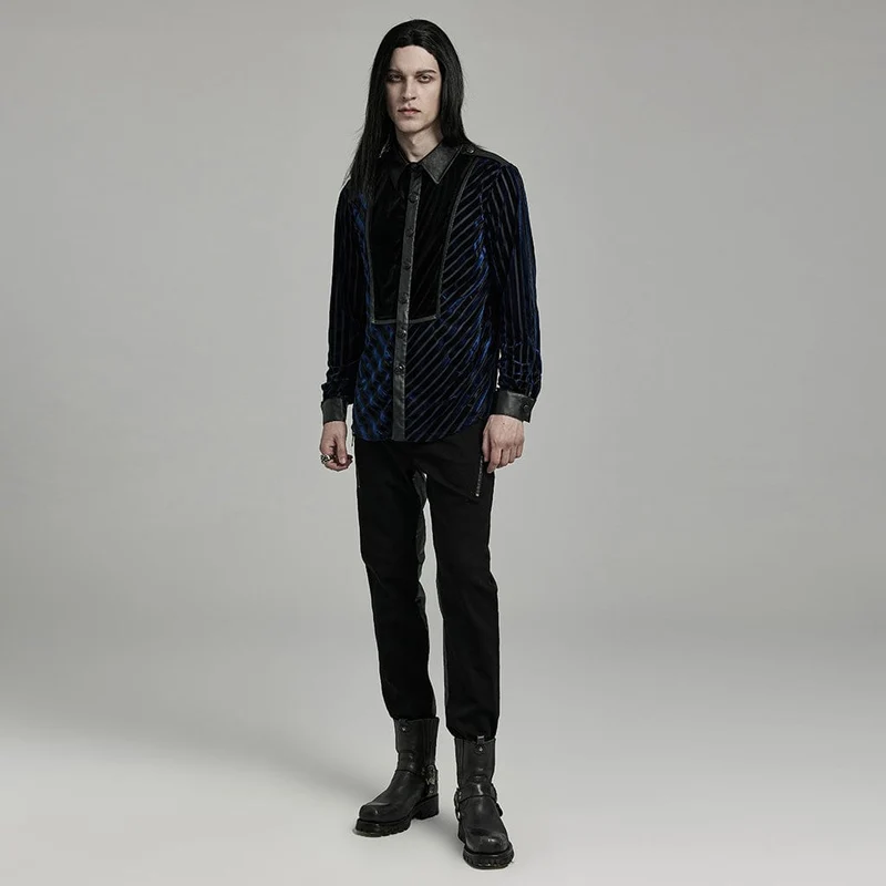 Herren-Gothic-Hemd aus Kunstleder mit Splice-Samt in Kontrastfarbe