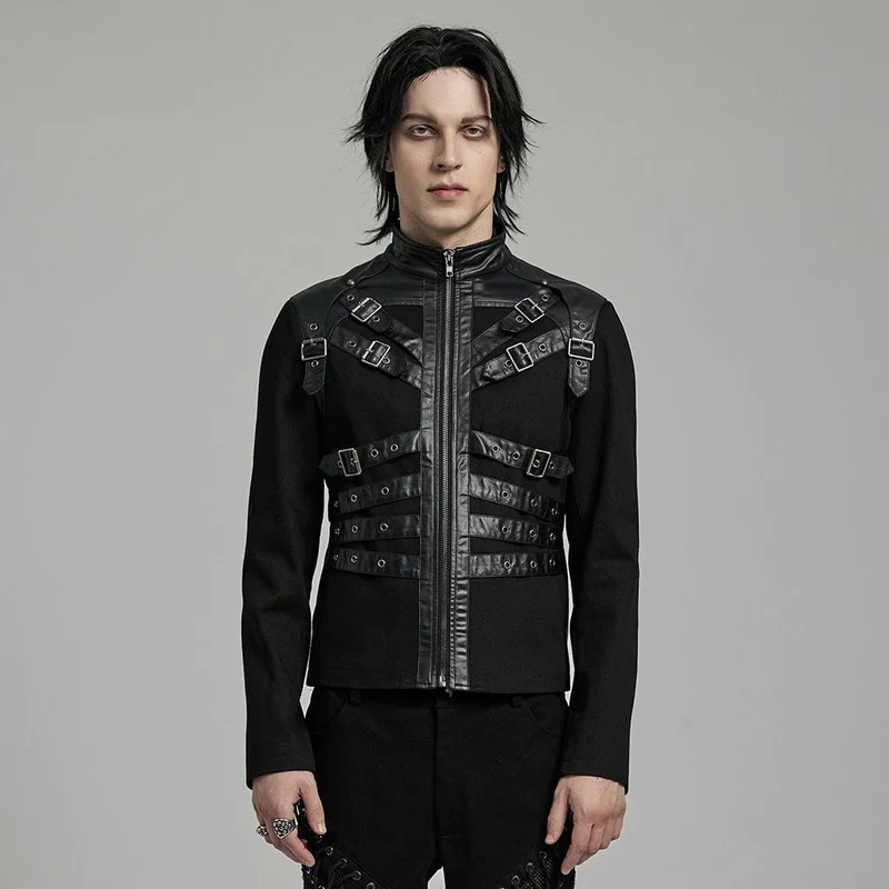 Herren-Punk-Jacke aus Kunstleder mit mehreren Schnallen und Riemen