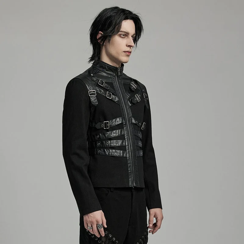 Herren-Punk-Jacke aus Kunstleder mit mehreren Schnallen und Riemen