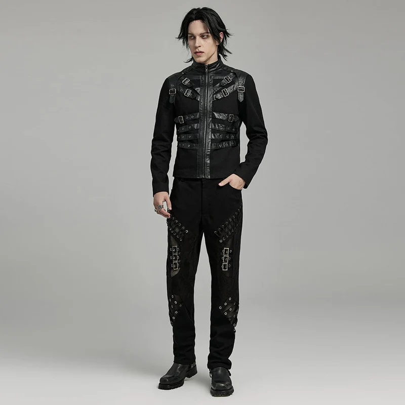 Herren-Punk-Jacke aus Kunstleder mit mehreren Schnallen und Riemen