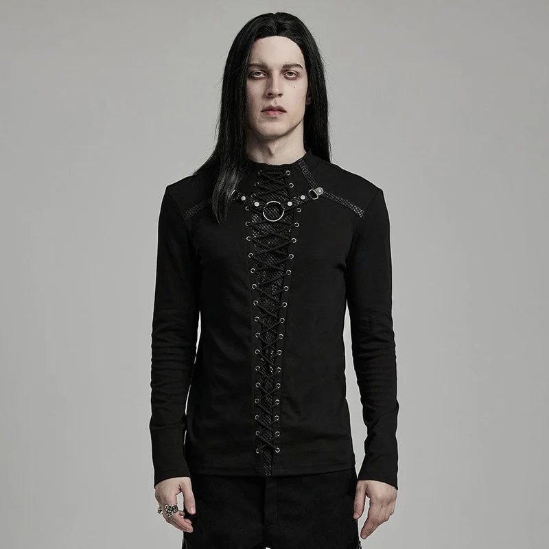 Herren-Punk-Hemd mit Riemchen-Mesh-Splice-Nietenmuster