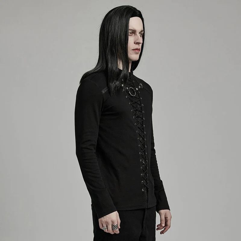 Herren-Punk-Hemd mit Riemchen-Mesh-Splice-Nietenmuster