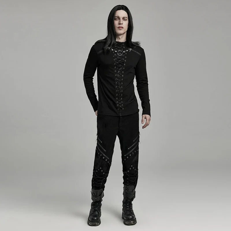 Herren-Punk-Hemd mit Riemchen-Mesh-Splice-Nietenmuster