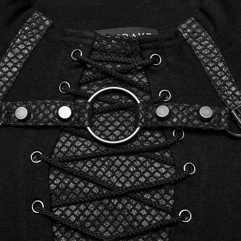 Herren-Punk-Hemd mit Riemchen-Mesh-Splice-Nietenmuster