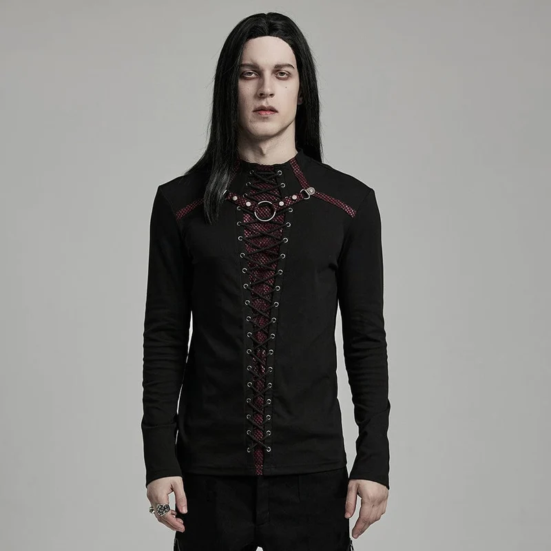 Herren Punk Strappy Mesh Splice Schwarz Rot Hemd