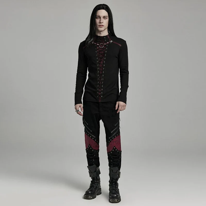 Herren Punk Strappy Mesh Splice Schwarz Rot Hemd