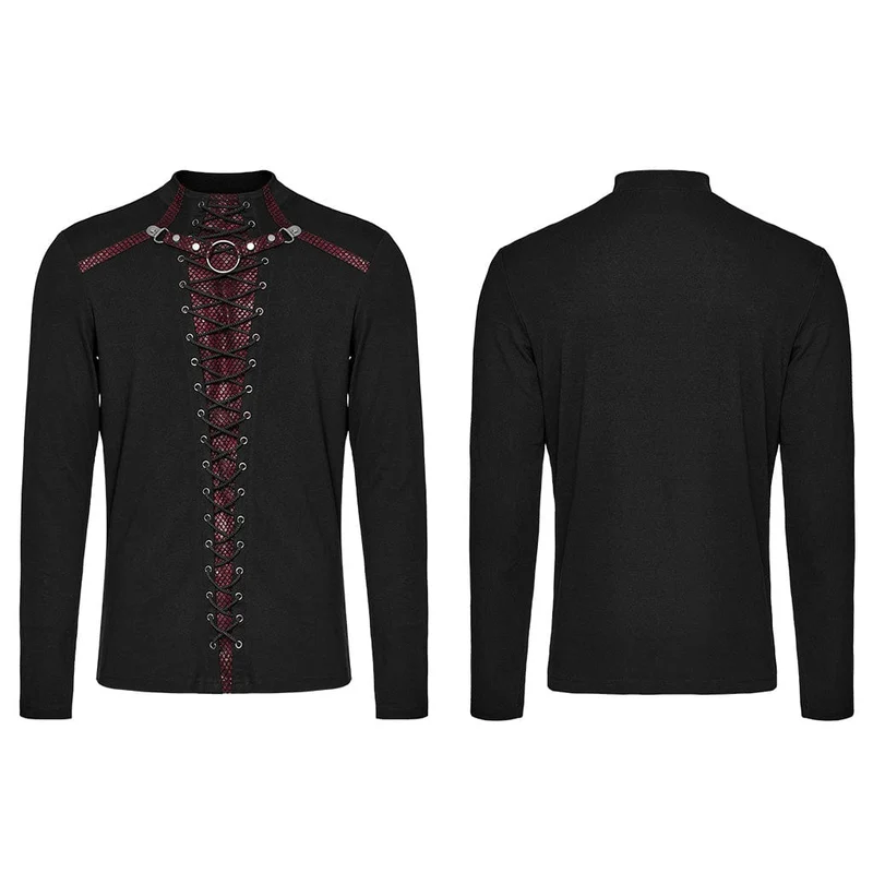 Herren Punk Strappy Mesh Splice Schwarz Rot Hemd