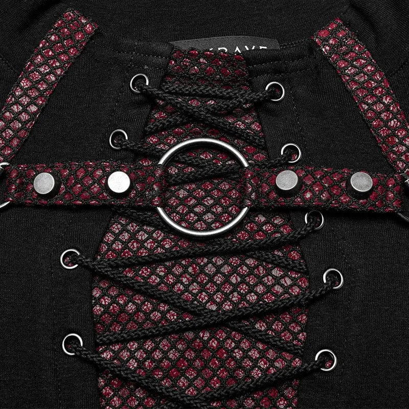 Herren Punk Strappy Mesh Splice Schwarz Rot Hemd