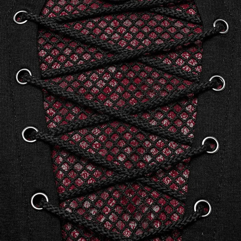 Herren Punk Strappy Mesh Splice Schwarz Rot Hemd
