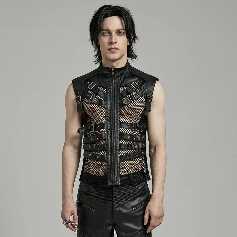 Herren-Punk-Rock-Weste aus Kunstleder mit mehreren Schnallen und Mesh-Splice-Motiven