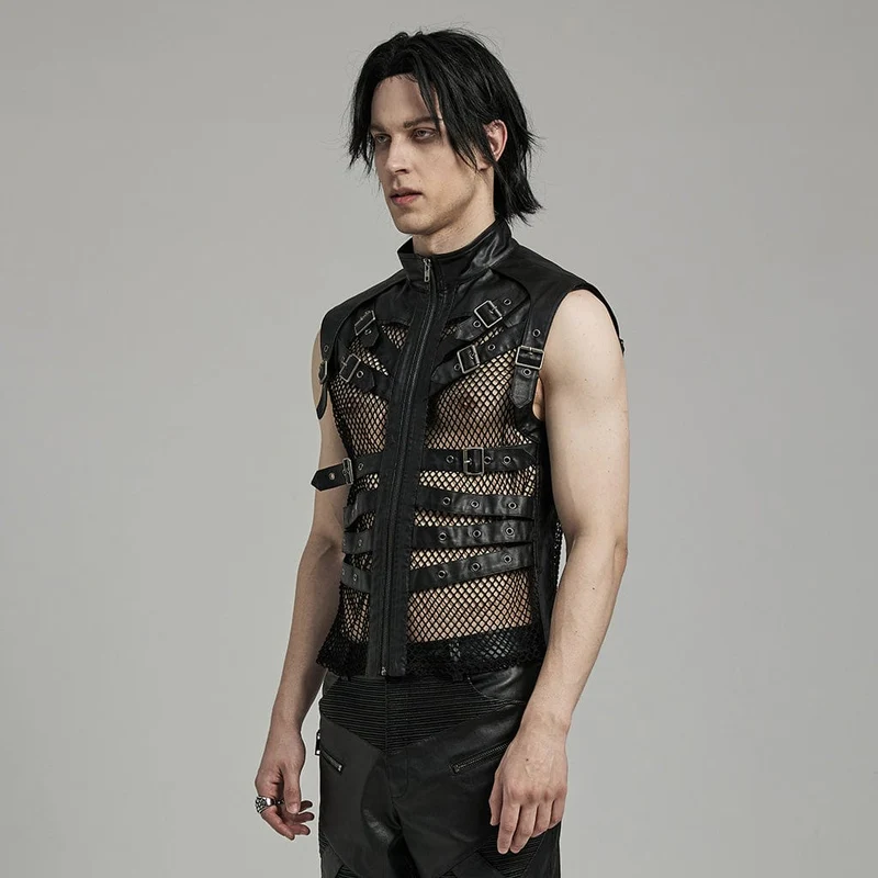 Herren-Punk-Rock-Weste aus Kunstleder mit mehreren Schnallen und Mesh-Splice-Motiven