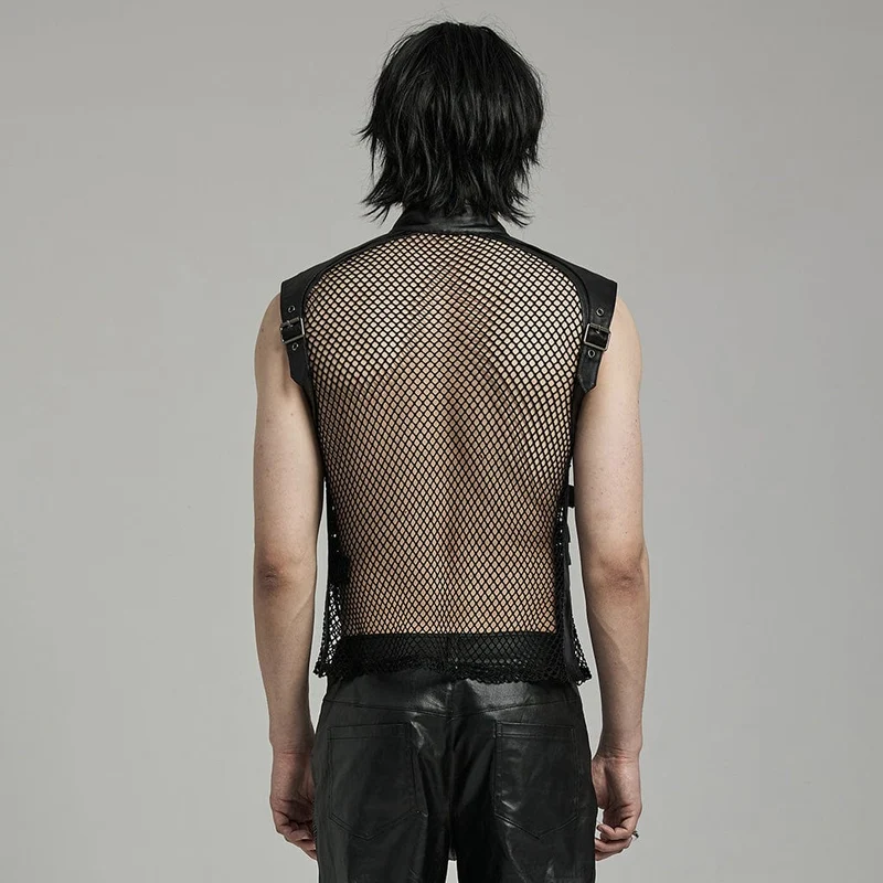 Herren-Punk-Rock-Weste aus Kunstleder mit mehreren Schnallen und Mesh-Splice-Motiven