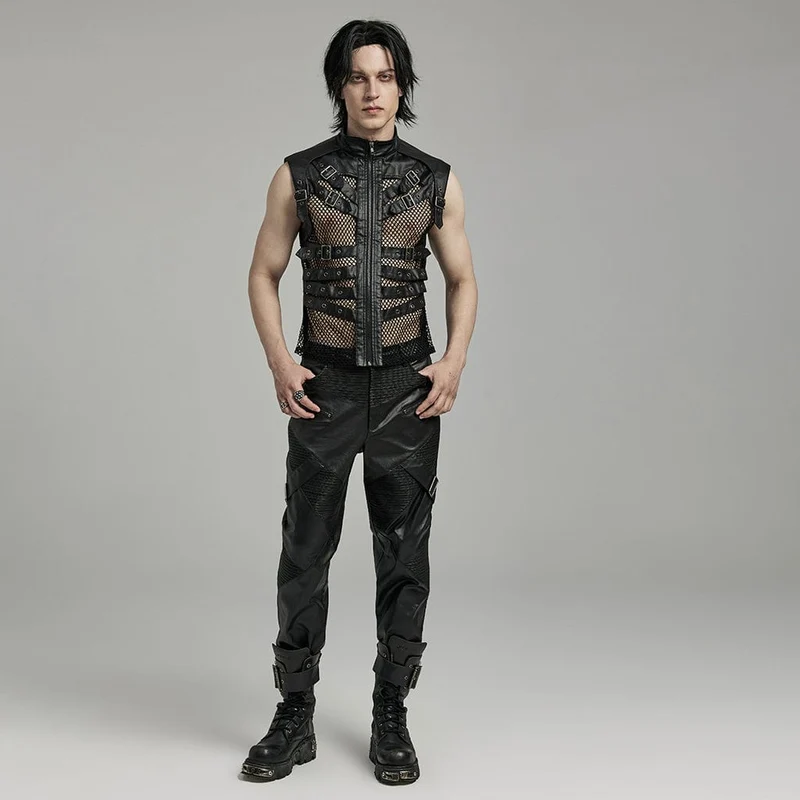 Herren-Punk-Rock-Weste aus Kunstleder mit mehreren Schnallen und Mesh-Splice-Motiven