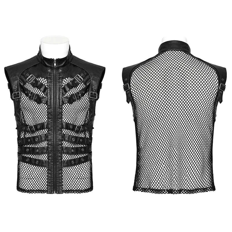 Herren-Punk-Rock-Weste aus Kunstleder mit mehreren Schnallen und Mesh-Splice-Motiven