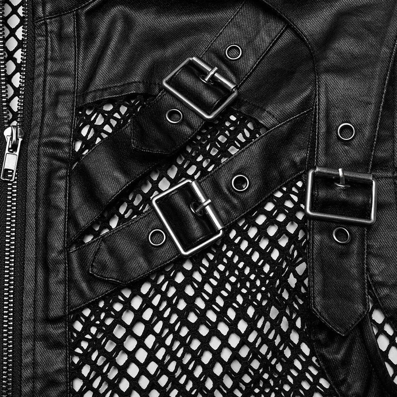 Herren-Punk-Rock-Weste aus Kunstleder mit mehreren Schnallen und Mesh-Splice-Motiven