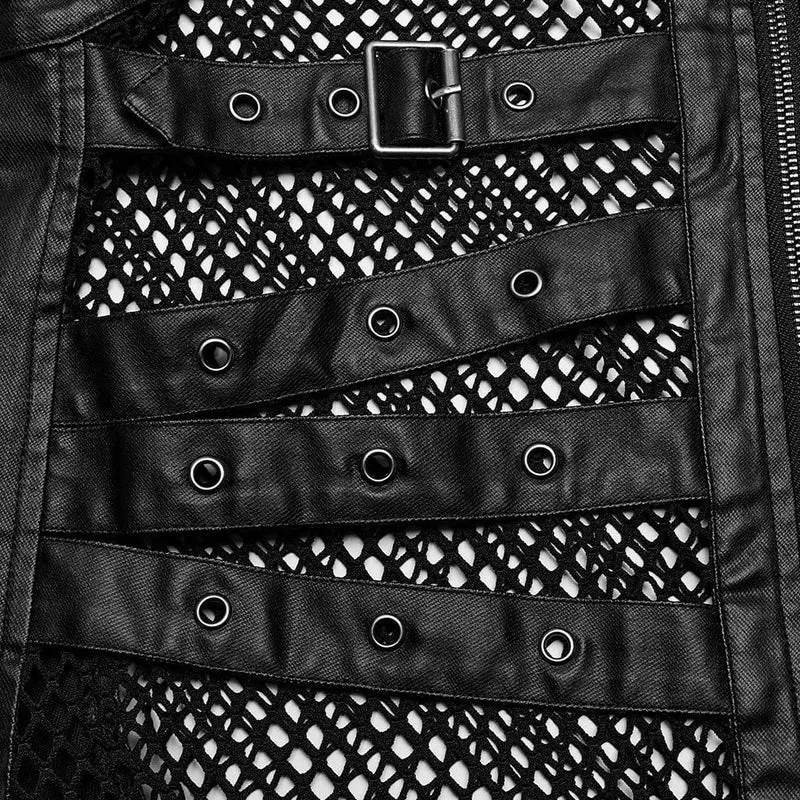 Herren-Punk-Rock-Weste aus Kunstleder mit mehreren Schnallen und Mesh-Splice-Motiven