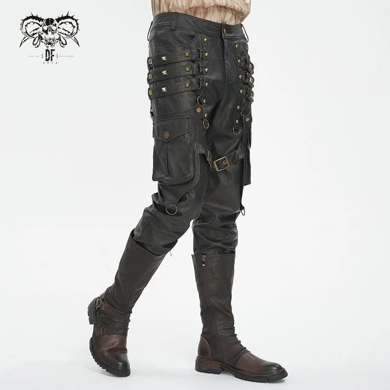 Herren-Gothic-Hosen aus bronzefarbenem Kunstleder mit großen Taschen und Nieten