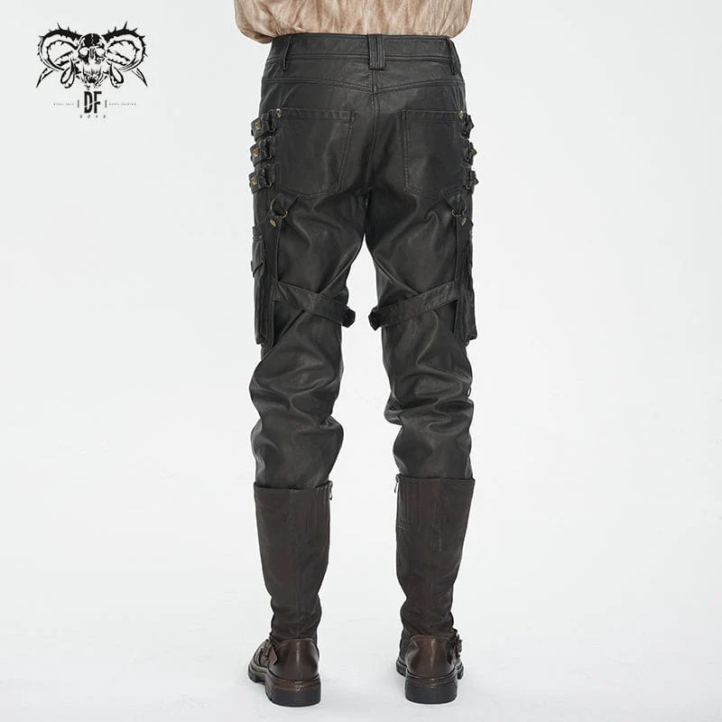 Herren-Gothic-Hosen aus bronzefarbenem Kunstleder mit großen Taschen und Nieten