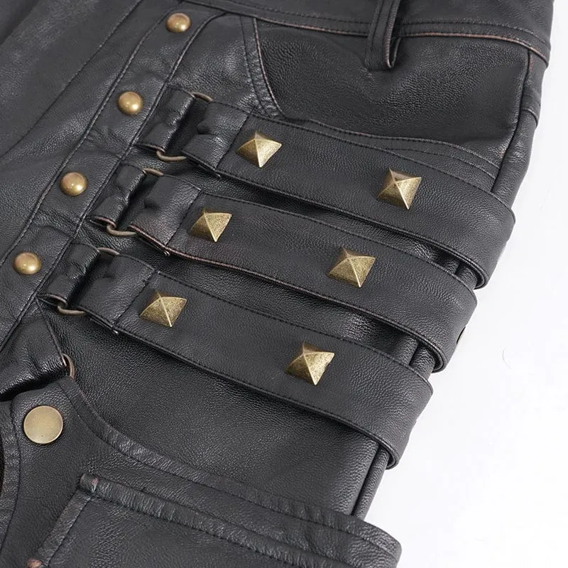 Herren-Gothic-Hosen aus bronzefarbenem Kunstleder mit großen Taschen und Nieten
