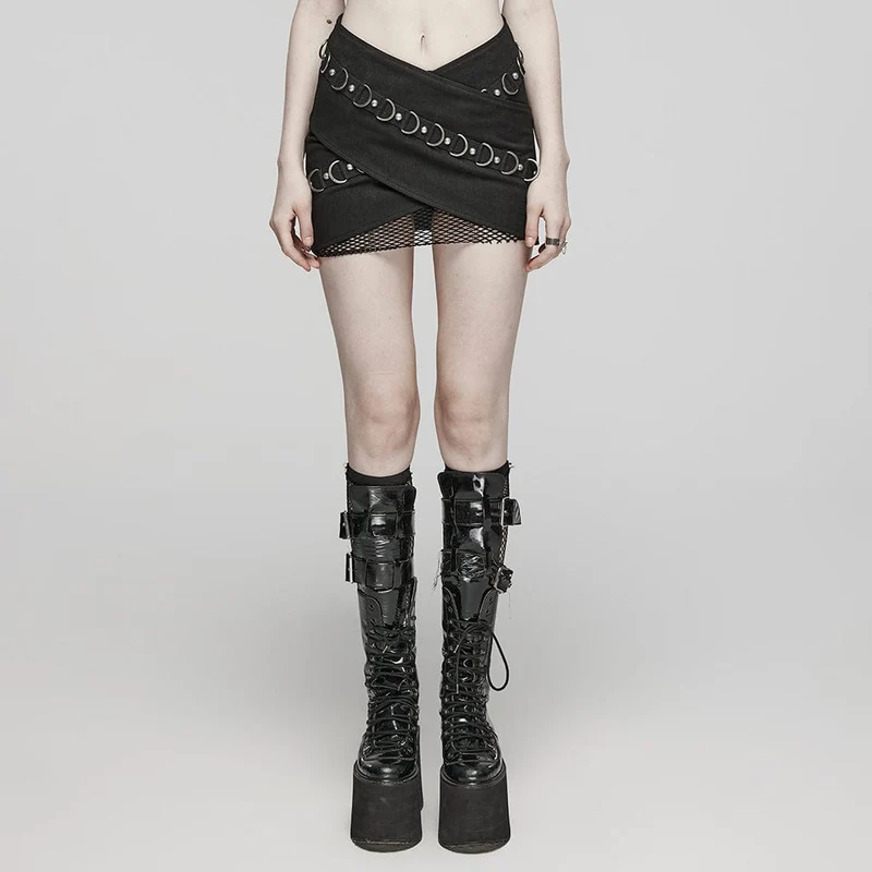 Überlappender Rock mit Punk-Mesh-Ring-Schnalle für Damen