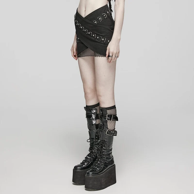 Überlappender Rock mit Punk-Mesh-Ring-Schnalle für Damen