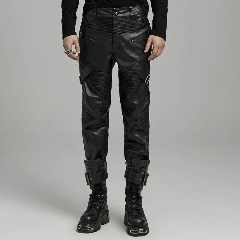 Herren-Punk-Reißverschluss-Plissee-Kunstlederhose