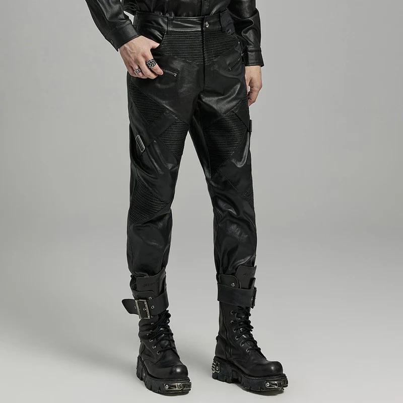 Herren-Punk-Reißverschluss-Plissee-Kunstlederhose