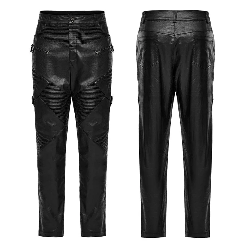 Herren-Punk-Reißverschluss-Plissee-Kunstlederhose