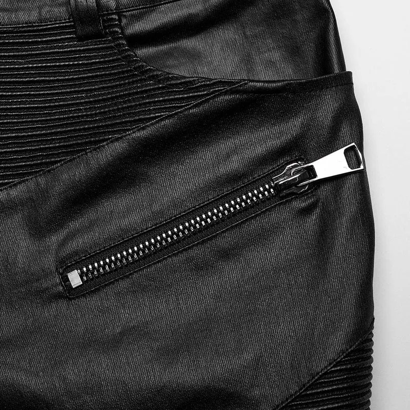 Herren-Punk-Reißverschluss-Plissee-Kunstlederhose