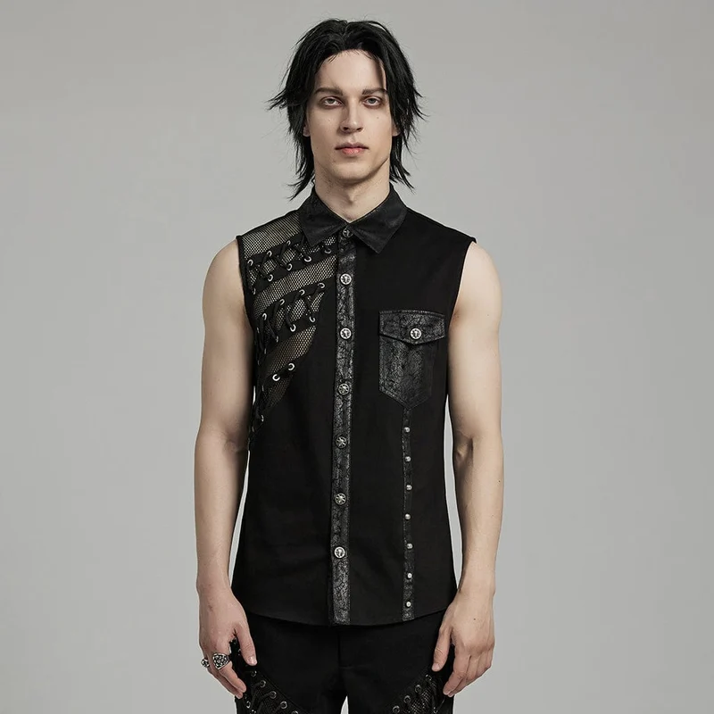 Herren-Weste aus Punk-Riemchen-Mesh-Splice-Kunstleder
