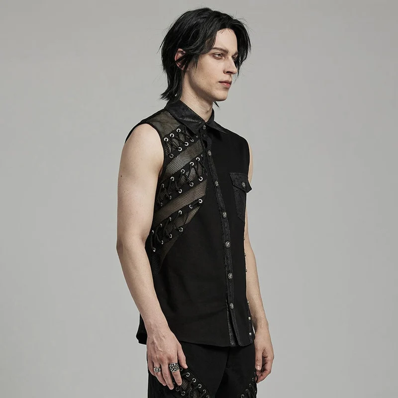 Herren-Weste aus Punk-Riemchen-Mesh-Splice-Kunstleder