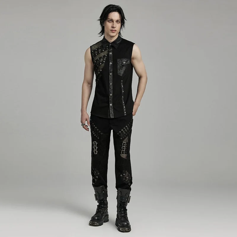 Herren-Weste aus Punk-Riemchen-Mesh-Splice-Kunstleder