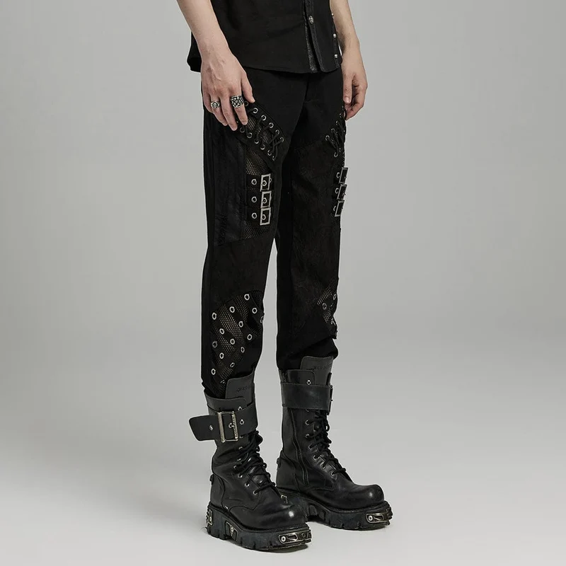 Herren Punk Mesh Splice Bucket Straps Hose