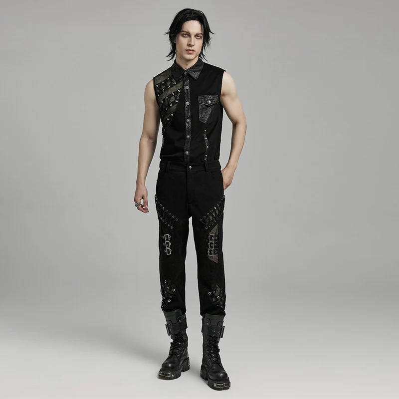 Herren Punk Mesh Splice Bucket Straps Hose