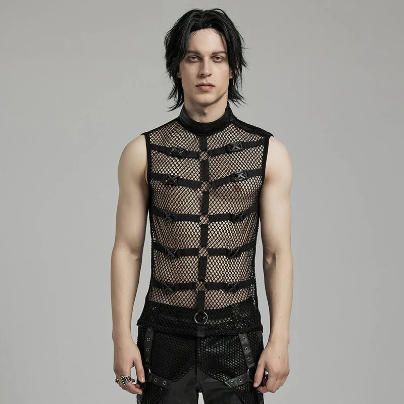 Herren Punk Rock Stehkragen Schnallenriemen Mesh Tank Top
