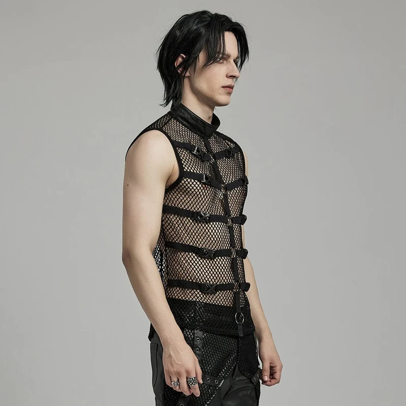 Herren Punk Rock Stehkragen Schnallenriemen Mesh Tank Top