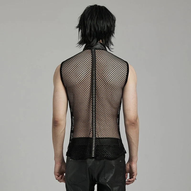 Herren Punk Rock Stehkragen Schnallenriemen Mesh Tank Top
