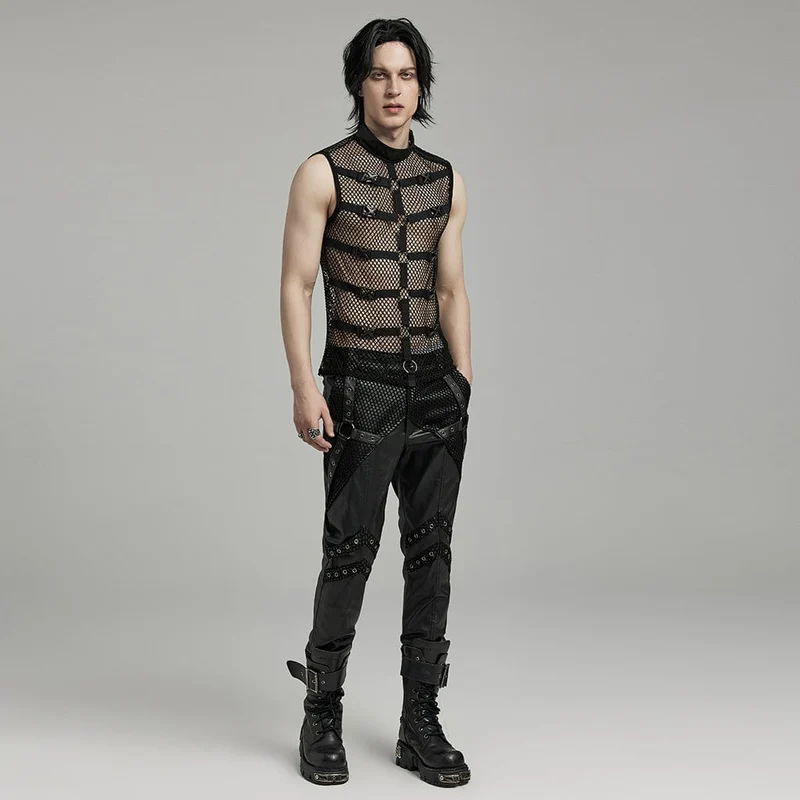 Herren Punk Rock Stehkragen Schnallenriemen Mesh Tank Top