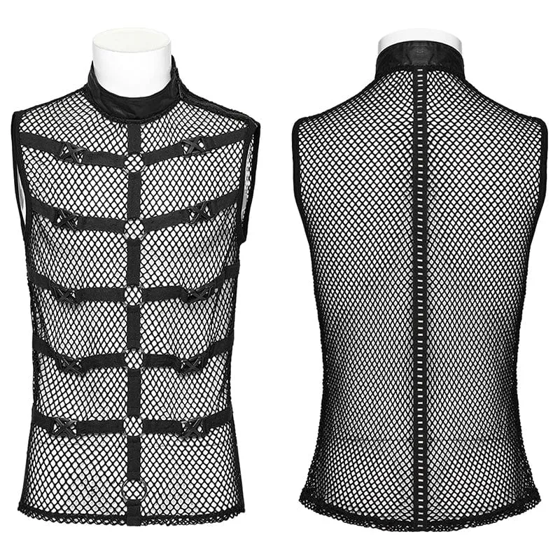Herren Punk Rock Stehkragen Schnallenriemen Mesh Tank Top