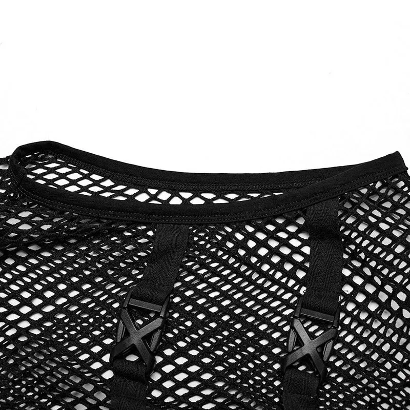 Herren Punk Rock Stehkragen Schnallenriemen Mesh Tank Top