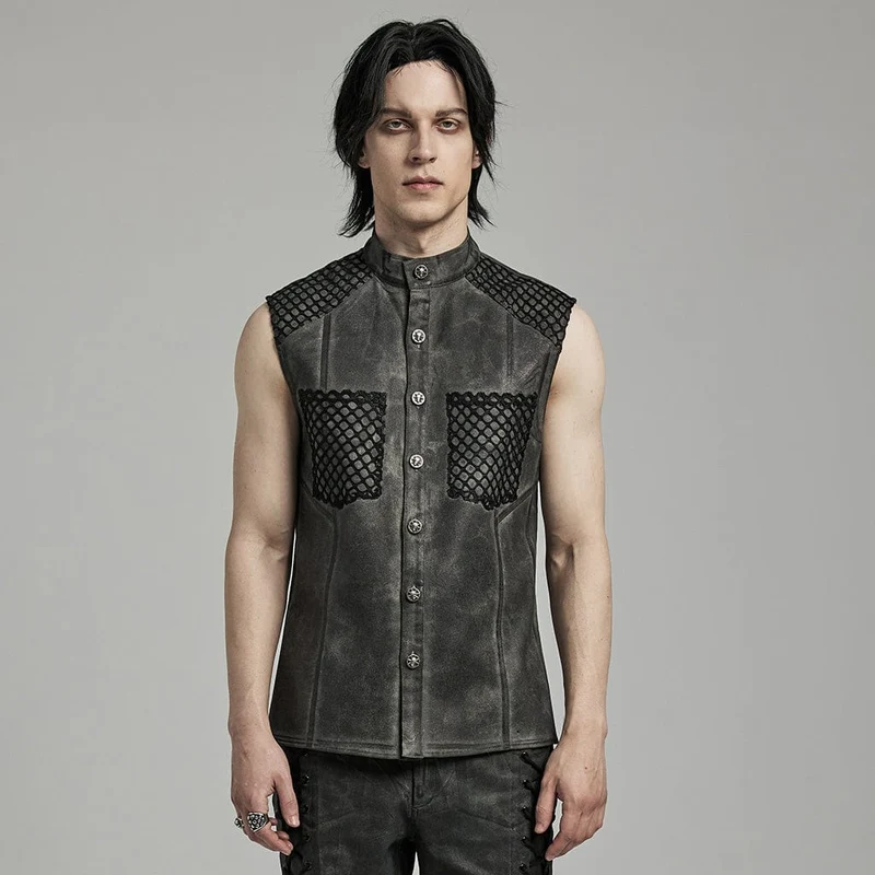 Herren Punk Rock Stehkragen Mesh Splice Schwarz Grau Weste