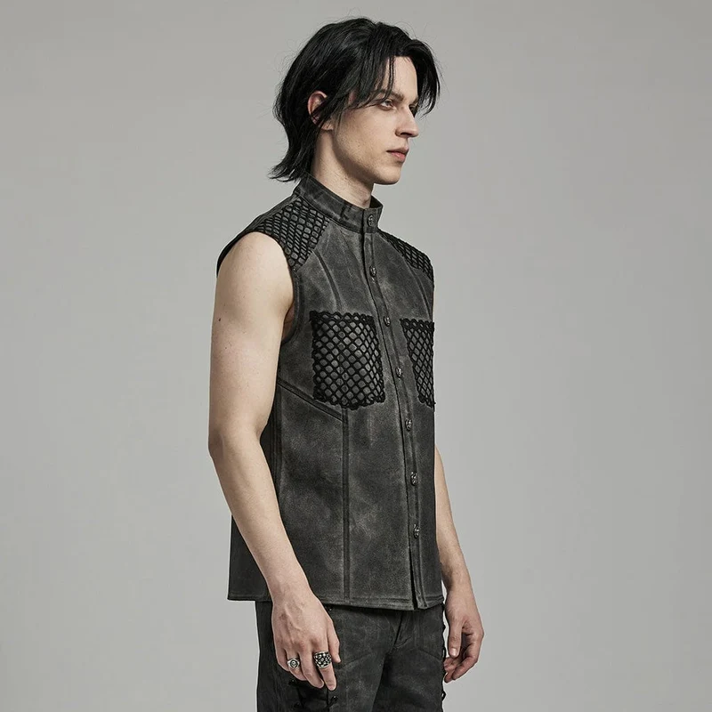 Herren Punk Rock Stehkragen Mesh Splice Schwarz Grau Weste