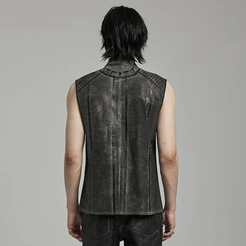 Herren Punk Rock Stehkragen Mesh Splice Schwarz Grau Weste