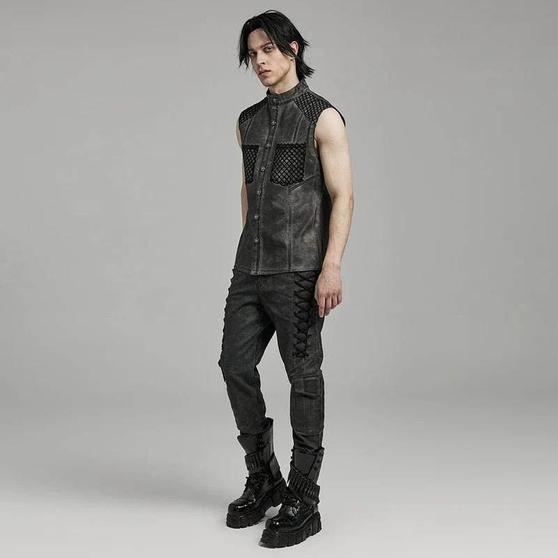 Herren Punk Rock Stehkragen Mesh Splice Schwarz Grau Weste