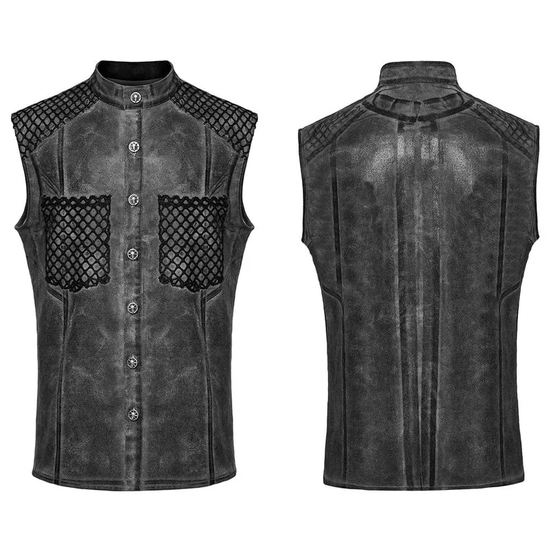 Herren Punk Rock Stehkragen Mesh Splice Schwarz Grau Weste
