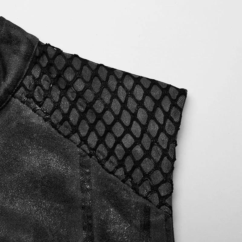 Herren Punk Rock Stehkragen Mesh Splice Schwarz Grau Weste