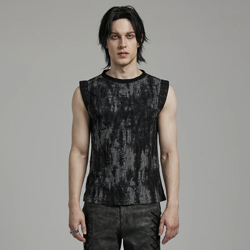 Herren Gothic Punk Ripped Eyelet Schwarz Grau Tank Top